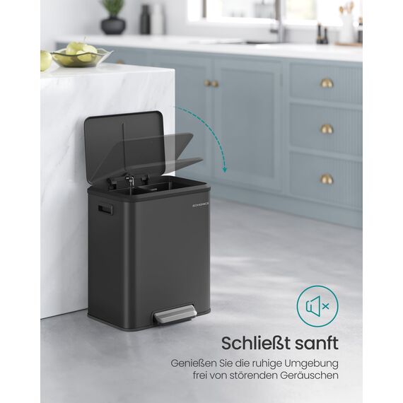 SONGMICS Mülleimer Küche, Mülltrennsystem 2 x 15 L, 2 Fächer für Recycling und Restmüll, Abfalleimer, Inneneimer, Stahl, Softclose-Deckel, breites robustes Pedal, tintenschwarz LTB544B02