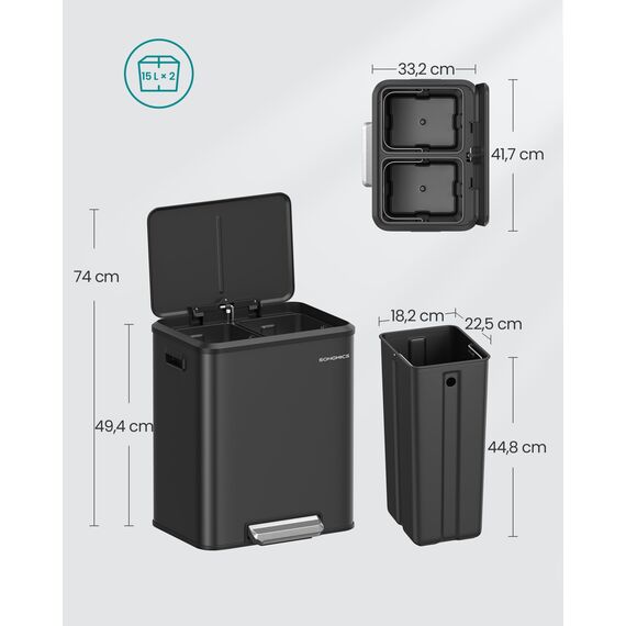 SONGMICS Mülleimer Küche, Mülltrennsystem 2 x 15 L, 2 Fächer für Recycling und Restmüll, Abfalleimer, Inneneimer, Stahl, Softclose-Deckel, breites robustes Pedal, tintenschwarz LTB544B02