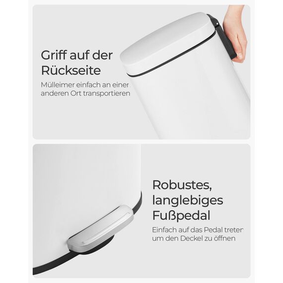 SONGMICS Mülleimer Küche, 30 Liter, Abfalleimer, Treteimer, mit Deckel, Softclose, Fußpedal, Stahl, Inneneimer, weiß LTB03WT