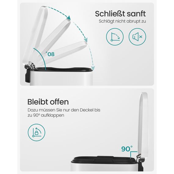 SONGMICS Mülleimer Küche, 50 Liter, Abfalleimer, Treteimer, mit Deckel, Softclose, Fußpedal, Stahl, Inneneimer, weiß LTB101W01