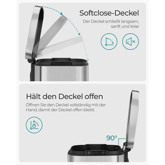 SONGMICS Mülleimer Küche, 30 Liter, Abfalleimer, Treteimer, mit Deckel, Softclose, Fußpedal, Stahl, Inneneimer, silbern LTB03NL
