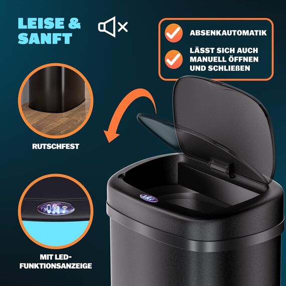 Monzana® Sensor Mülleimer Küche 58 L Automatik mit Bewegungssensor Soft-Close-Deckel Wasserdicht USB-Kabel Smarter Abfalleimer Müllbehälter Schwarz