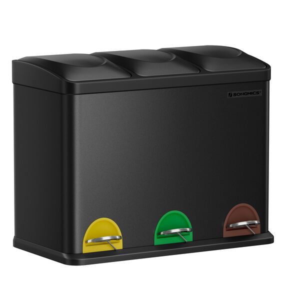 SONGMICS Mülleimer Küche, Mülltrennsystem 3 Fächer, Abfalleimer, 45 Liter Treteimer aus Metall, 3 x 15 Liter, Tretmülleimer mit Deckel, Stahl, tintenschwarz LTB45B