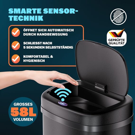 Monzana® Sensor Mülleimer Küche 58 L Automatik mit Bewegungssensor Soft-Close-Deckel Wasserdicht USB-Kabel Smarter Abfalleimer Müllbehälter Schwarz