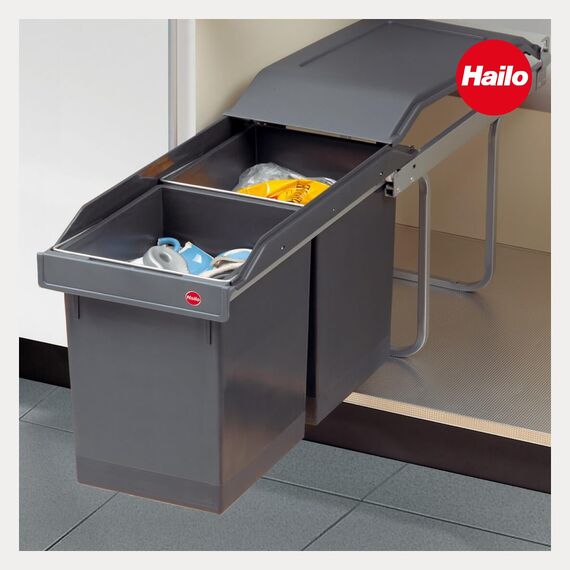 Hailo Abfallsammler Tandem 3650103 | 2fach Einbau-Mülleimer incl. 50 Müllbeutel | für Schränke ab 300 mm Breite | Bequemer Handauszug auf Rollenführung | Silber und Kunststoff Anthrazit