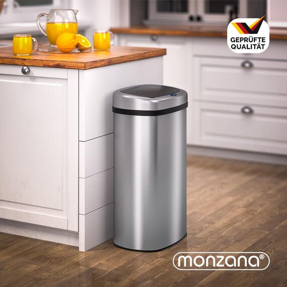 Monzana® Sensor Mülleimer Küche 58 L Automatik mit Bewegungssensor Soft-Close-Deckel Wasserdicht Smarter Abfalleimer Müllbehälter USB Kabel Silber