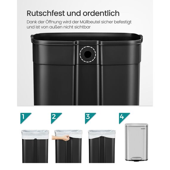 SONGMICS Mülleimer Küche, 50 Liter, Abfalleimer, Treteimer, mit Deckel, Softclose, Fußpedal, Stahl, Inneneimer, silbern LTB050E01