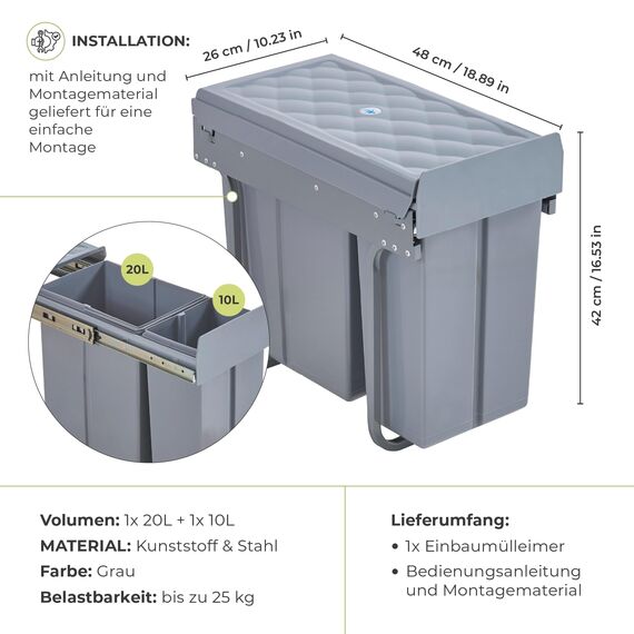 [en.casa] Einbaumülleimer Froland Mülleimer 2 Fächer Mülltrennsystem ausziehbar Abfalleimer Küche 1x20L+1x10L herausnehmbare Behälter 48 x 26 x 42 cm Küchenmülleimer Grau