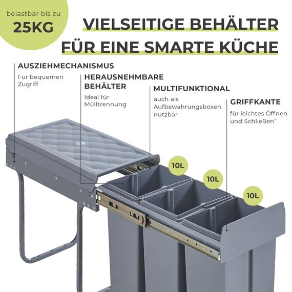 [en.casa] Einbaumülleimer Froland Mülleimer 3 Fächer Mülltrennsystem ausziehbar Abfalleimer Küche 3x10L herausnehmbare Behälter 48 x 26 x 42 cm Küchenmülleimer Grau