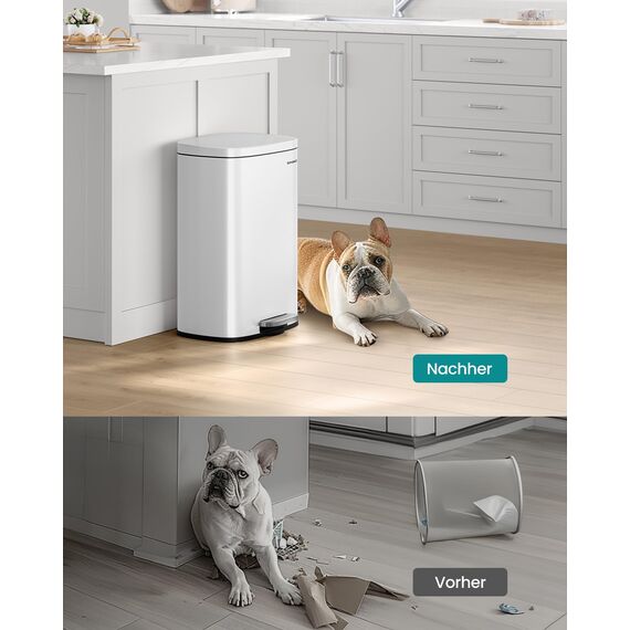 SONGMICS Mülleimer Küche, 50 Liter, Abfalleimer, Treteimer, mit Deckel, Softclose, Fußpedal, Stahl, Inneneimer, weiß LTB101W01