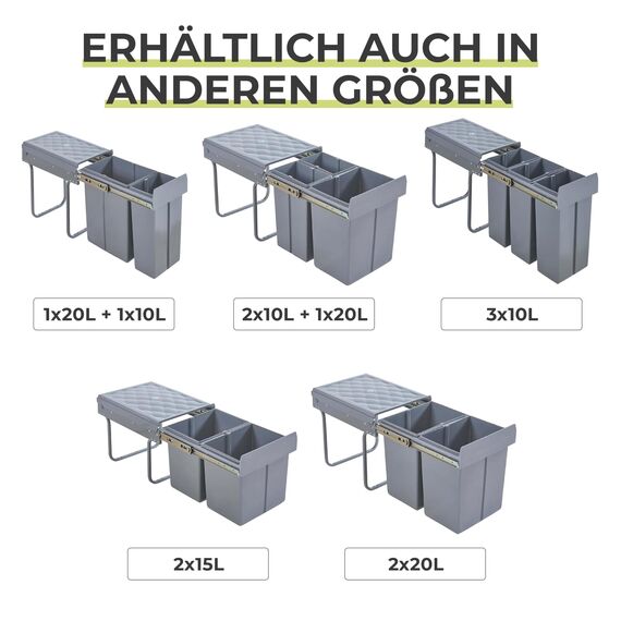 [en.casa] Einbaumülleimer Froland Mülleimer 2 Fächer Mülltrennsystem ausziehbar Abfalleimer Küche 2x20L herausnehmbare Behälter 48 x 34 x 42 cm Küchenmülleimer Grau