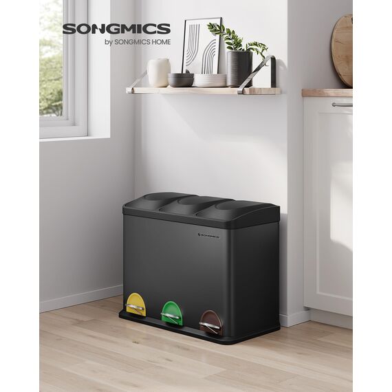 SONGMICS Mülleimer Küche, Mülltrennsystem 3 Fächer, Abfalleimer, 45 Liter Treteimer aus Metall, 3 x 15 Liter, Tretmülleimer mit Deckel, Stahl, tintenschwarz LTB45B
