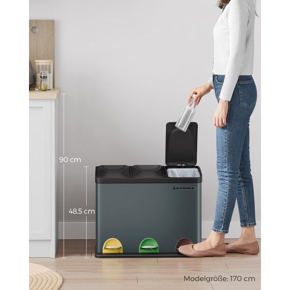 SONGMICS Mülleimer Küche, Mülltrennsystem 3 Fächer, Abfalleimer, 45 Liter Treteimer aus Metall, 3 x 15 Liter, Tretmülleimer mit Deckel, Stahl, grüngrau-tintenschwarz LTB45G