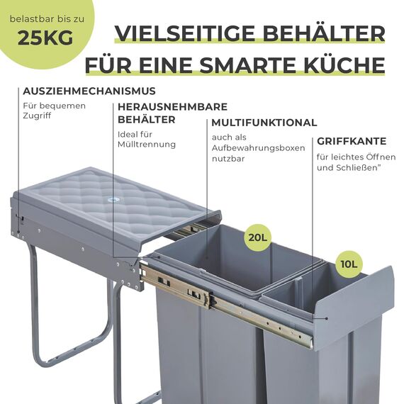 [en.casa] Einbaumülleimer Froland Mülleimer 2 Fächer Mülltrennsystem ausziehbar Abfalleimer Küche 1x20L+1x10L herausnehmbare Behälter 48 x 26 x 42 cm Küchenmülleimer Grau