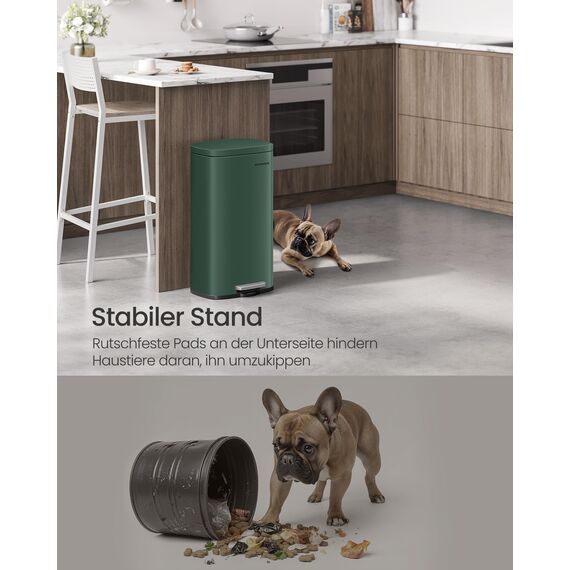 SONGMICS Mülleimer Küche, 30 Liter, Abfalleimer, Treteimer, mit Deckel, Softclose, Fußpedal, Stahl, Inneneimer, vintagegrün LTB003C02