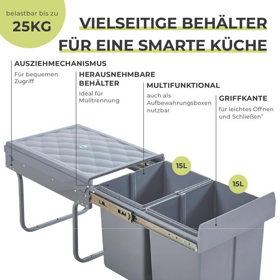 [en.casa] Einbaumülleimer Froland Mülleimer 2 Fächer Mülltrennsystem ausziehbar Abfalleimer Küche 2x15L herausnehmbare Behälter 48 x 34 x 35 cm Küchenmülleimer Grau