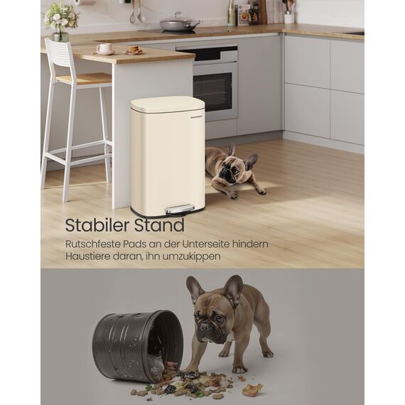 SONGMICS Mülleimer Küche, 50 Liter, Abfalleimer, Treteimer, mit Deckel, Softclose, Fußpedal, Stahl, Inneneimer, sandbeige LTB050A02