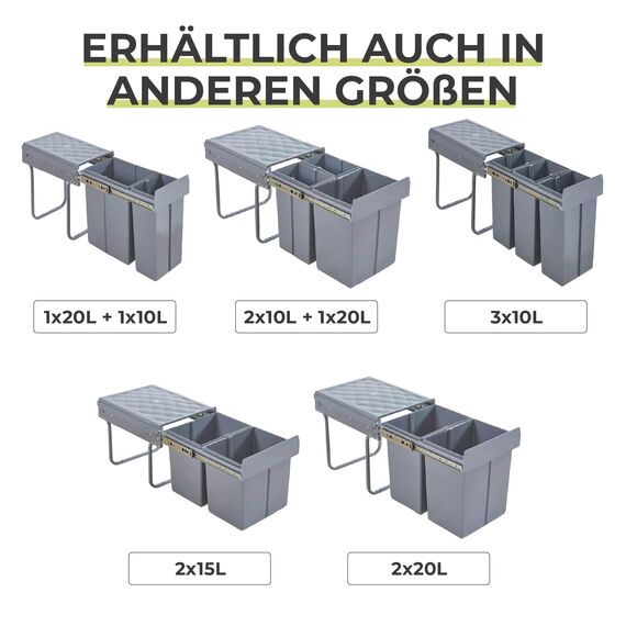 [en.casa] Einbaumülleimer Froland Mülleimer 2 Fächer Mülltrennsystem ausziehbar Abfalleimer Küche 1x20L+1x10L herausnehmbare Behälter 48 x 26 x 42 cm Küchenmülleimer Grau
