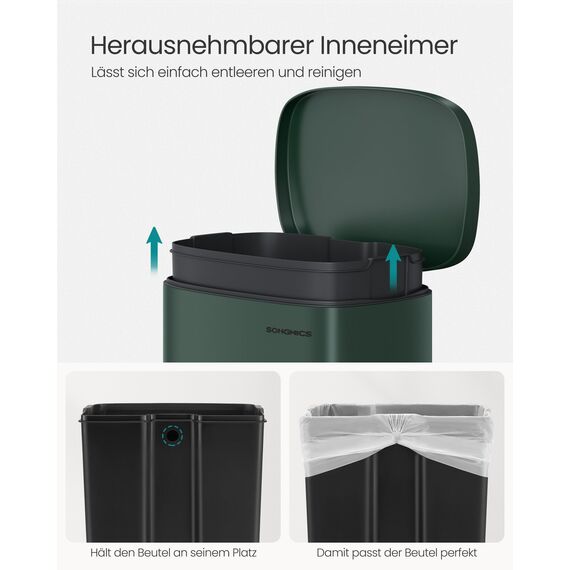 SONGMICS Mülleimer Küche, 50 Liter, Abfalleimer, Treteimer, mit Deckel, Softclose, Fußpedal, Stahl, Inneneimer, vintagegrün LTB050C02