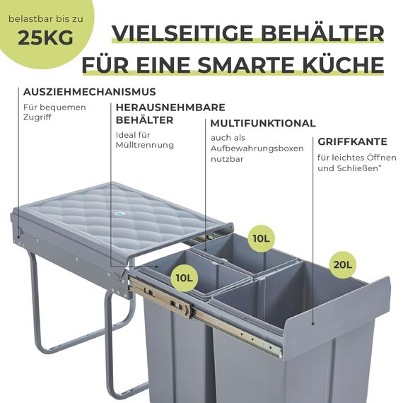 [en.casa] Einbaumülleimer Froland Mülleimer 3 Fächer Mülltrennsystem ausziehbar Abfalleimer Küche 2x10L+1x20L herausnehmbare Behälter 48 x 34 x 42 cm Küchenmülleimer Grau