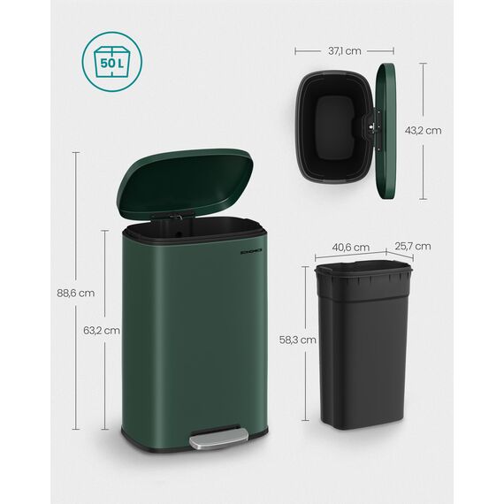 SONGMICS Mülleimer Küche, 50 Liter, Abfalleimer, Treteimer, mit Deckel, Softclose, Fußpedal, Stahl, Inneneimer, vintagegrün LTB050C02