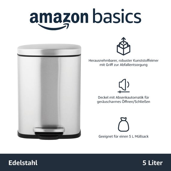 Amazon Basics Mini-Abfalleimer, rechteckig, schmutzabweisend, mit Soft-Close-Fußpedal, gebürsteter Edelstahl, für Badezimmer und kleine Räume, 5l, satiniert, 18,5cm x 21,6cm x 29,9cm (L x B x H)