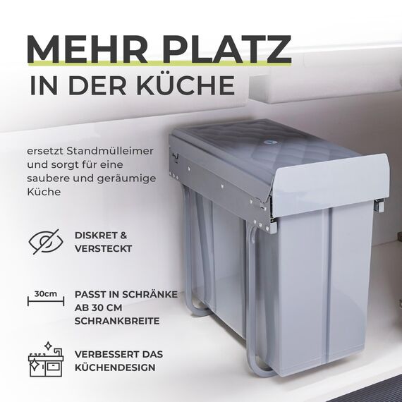 [en.casa] Einbaumülleimer Froland Mülleimer 2 Fächer Mülltrennsystem ausziehbar Abfalleimer Küche 1x20L+1x10L herausnehmbare Behälter 48 x 26 x 42 cm Küchenmülleimer Grau