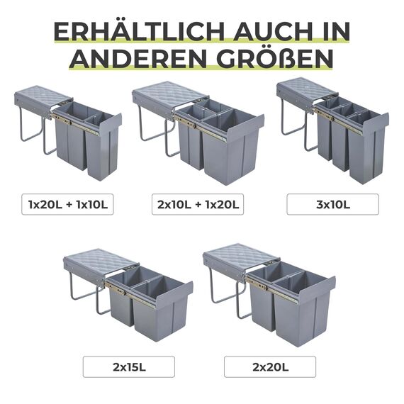 [en.casa] Einbaumülleimer Froland Mülleimer 2 Fächer Mülltrennsystem ausziehbar Abfalleimer Küche 2x15L herausnehmbare Behälter 48 x 34 x 35 cm Küchenmülleimer Grau