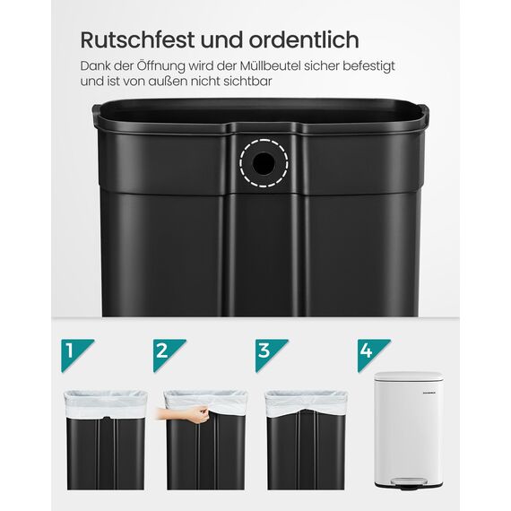 SONGMICS Mülleimer Küche, 50 Liter, Abfalleimer, Treteimer, mit Deckel, Softclose, Fußpedal, Stahl, Inneneimer, weiß LTB101W01