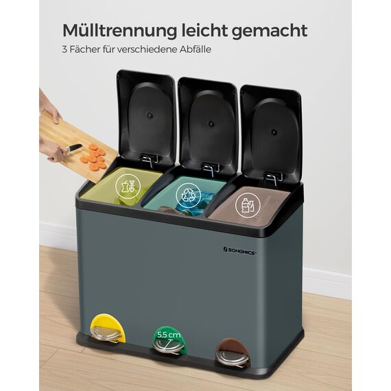 SONGMICS Mülleimer Küche, Mülltrennsystem 3 Fächer, Abfalleimer, 45 Liter Treteimer aus Metall, 3 x 15 Liter, Tretmülleimer mit Deckel, Stahl, grüngrau-tintenschwarz LTB45G