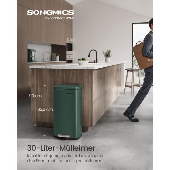 SONGMICS Mülleimer Küche, 30 Liter, Abfalleimer, Treteimer, mit Deckel, Softclose, Fußpedal, Stahl, Inneneimer, vintagegrün LTB003C02