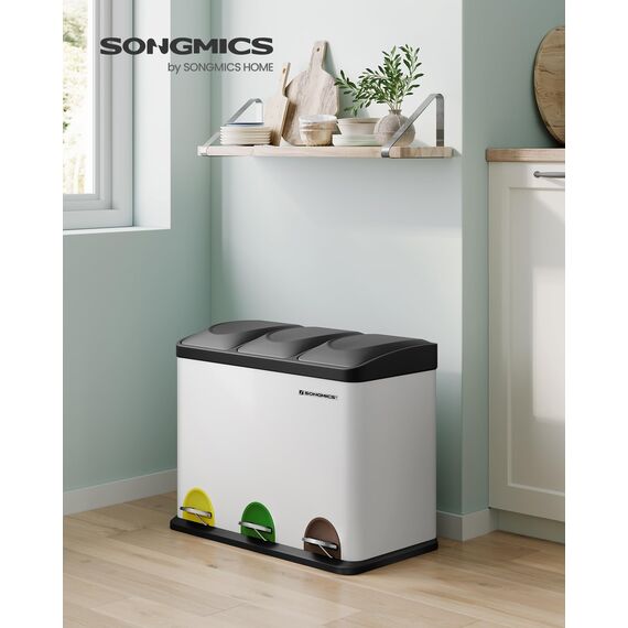 SONGMICS Mülleimer Küche, Mülltrennsystem 3 Fächer, Abfalleimer, 45 Liter Treteimer aus Metall, 3 x 15 Liter, Tretmülleimer mit Deckel, Stahl, wolkenweiß-tintenschwarz LTB45W