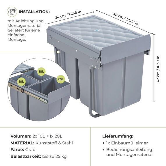 [en.casa] Einbaumülleimer Froland Mülleimer 3 Fächer Mülltrennsystem ausziehbar Abfalleimer Küche 2x10L+1x20L herausnehmbare Behälter 48 x 34 x 42 cm Küchenmülleimer Grau