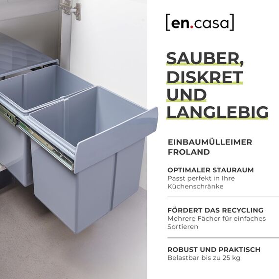 [en.casa] Einbaumülleimer Froland Mülleimer 2 Fächer Mülltrennsystem ausziehbar Abfalleimer Küche 2x15L herausnehmbare Behälter 48 x 34 x 35 cm Küchenmülleimer Grau