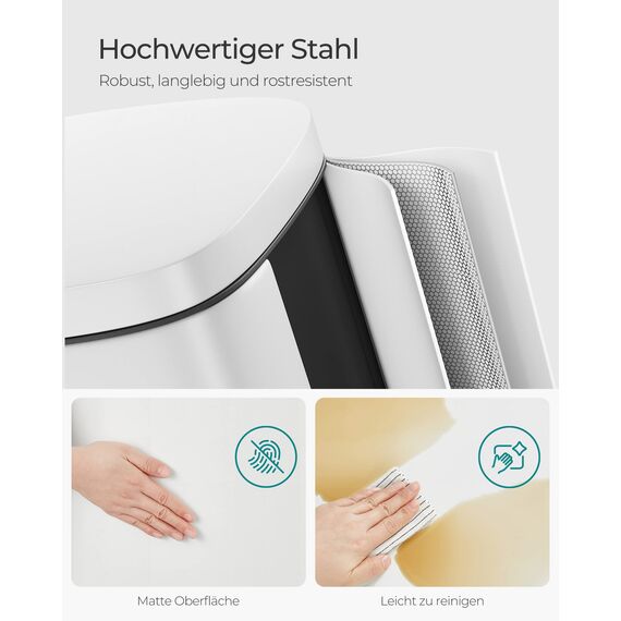 SONGMICS Mülleimer Küche, 30 Liter, Abfalleimer, Treteimer, mit Deckel, Softclose, Fußpedal, Stahl, Inneneimer, weiß LTB03WT