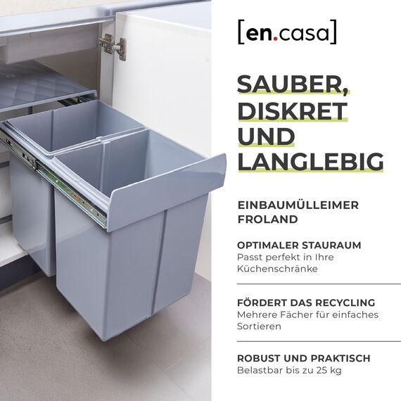 [en.casa] Einbaumülleimer Froland Mülleimer 2 Fächer Mülltrennsystem ausziehbar Abfalleimer Küche 2x20L herausnehmbare Behälter 48 x 34 x 42 cm Küchenmülleimer Grau