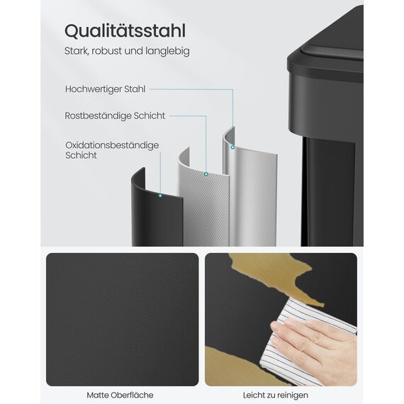 SONGMICS Mülleimer Küche, Mülltrennsystem 2 x 15 L, 2 Fächer für Recycling und Restmüll, Abfalleimer, Inneneimer, Stahl, Softclose-Deckel, breites robustes Pedal, tintenschwarz LTB544B02