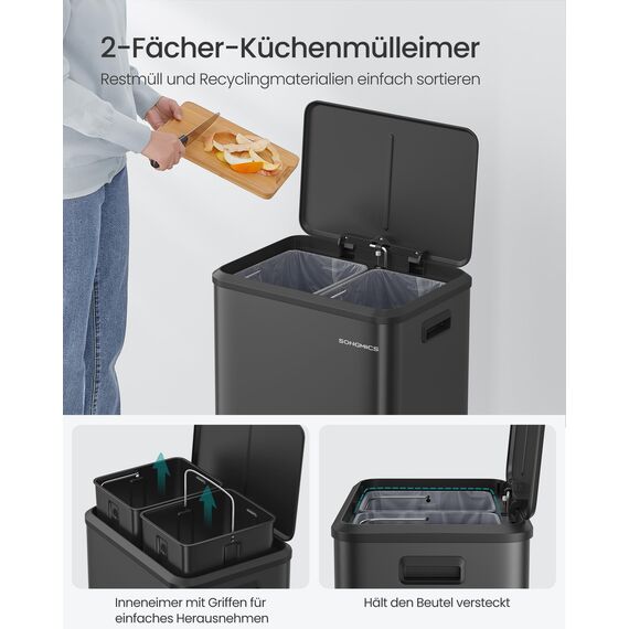 SONGMICS Mülleimer Küche, Mülltrennsystem 2 x 15 L, 2 Fächer für Recycling und Restmüll, Abfalleimer, Inneneimer, Stahl, Softclose-Deckel, breites robustes Pedal, tintenschwarz LTB544B02