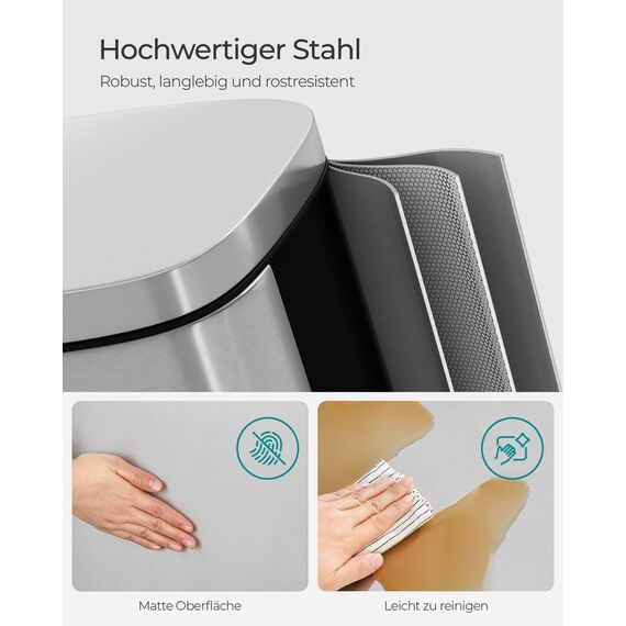 SONGMICS Mülleimer Küche, 30 Liter, Abfalleimer, Treteimer, mit Deckel, Softclose, Fußpedal, Stahl, Inneneimer, silbern LTB03NL