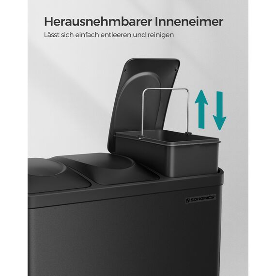 SONGMICS Mülleimer Küche, Mülltrennsystem 3 Fächer, Abfalleimer, 45 Liter Treteimer aus Metall, 3 x 15 Liter, Tretmülleimer mit Deckel, Stahl, tintenschwarz LTB45B
