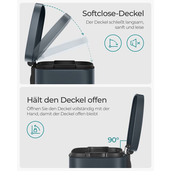 SONGMICS Mülleimer Küche, 30 Liter, Abfalleimer, Treteimer, mit Deckel, Softclose, Fußpedal, Stahl, Inneneimer, grüngrau LTB03GS