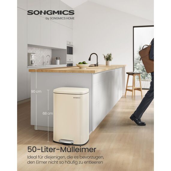 SONGMICS Mülleimer Küche, 50 Liter, Abfalleimer, Treteimer, mit Deckel, Softclose, Fußpedal, Stahl, Inneneimer, sandbeige LTB050A02