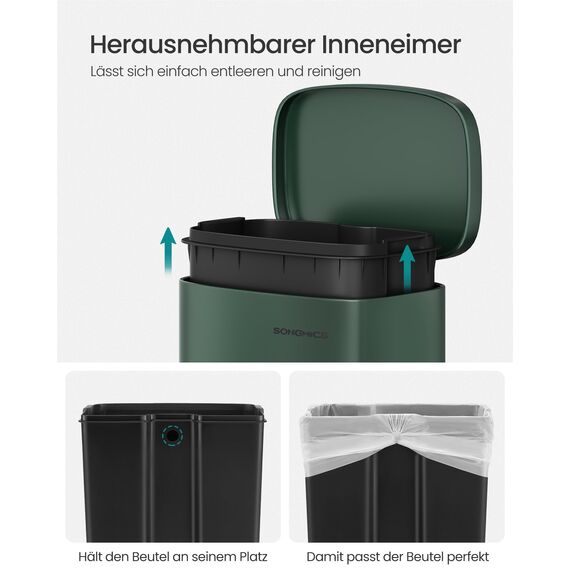 SONGMICS Mülleimer Küche, 30 Liter, Abfalleimer, Treteimer, mit Deckel, Softclose, Fußpedal, Stahl, Inneneimer, vintagegrün LTB003C02