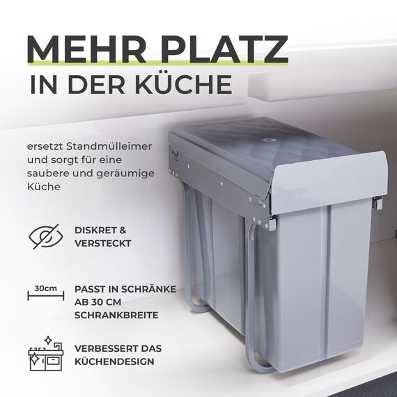 [en.casa] Einbaumülleimer Froland Mülleimer 3 Fächer Mülltrennsystem ausziehbar Abfalleimer Küche 3x10L herausnehmbare Behälter 48 x 26 x 42 cm Küchenmülleimer Grau