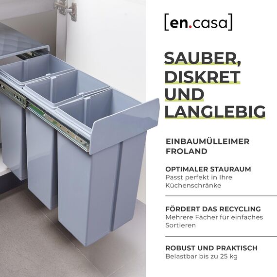 [en.casa] Einbaumülleimer Froland Mülleimer 3 Fächer Mülltrennsystem ausziehbar Abfalleimer Küche 3x10L herausnehmbare Behälter 48 x 26 x 42 cm Küchenmülleimer Grau