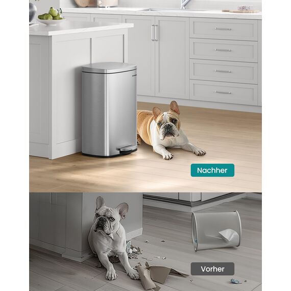 SONGMICS Mülleimer Küche, 50 Liter, Abfalleimer, Treteimer, mit Deckel, Softclose, Fußpedal, Stahl, Inneneimer, silbern LTB050E01