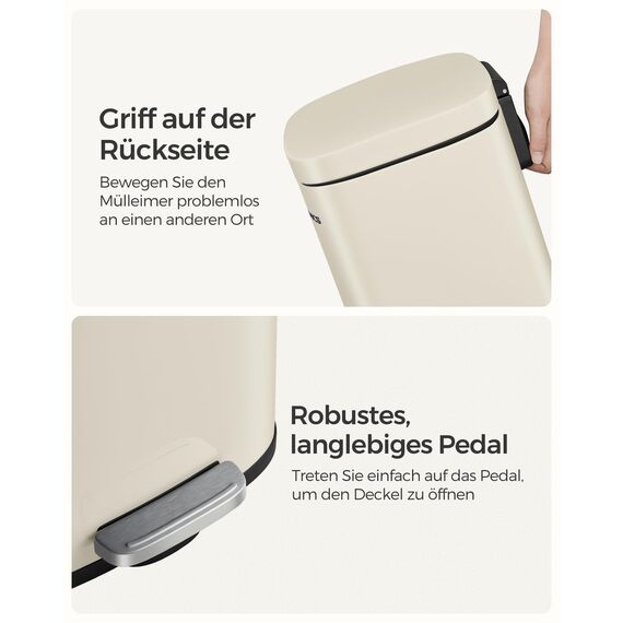 SONGMICS Mülleimer Küche, 30 Liter, Abfalleimer, Treteimer, mit Deckel, Softclose, Fußpedal, Stahl, Inneneimer, sandbeige LTB03A02