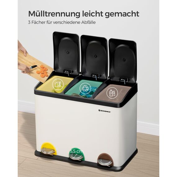 SONGMICS Mülleimer Küche, Mülltrennsystem 3 Fächer, Abfalleimer, 45 Liter Treteimer aus Metall, 3 x 15 Liter, Tretmülleimer mit Deckel, Stahl, wolkenweiß-tintenschwarz LTB45W