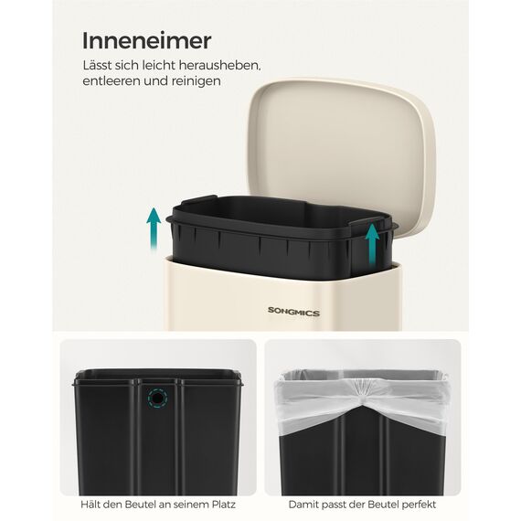 SONGMICS Mülleimer Küche, 30 Liter, Abfalleimer, Treteimer, mit Deckel, Softclose, Fußpedal, Stahl, Inneneimer, sandbeige LTB03A02