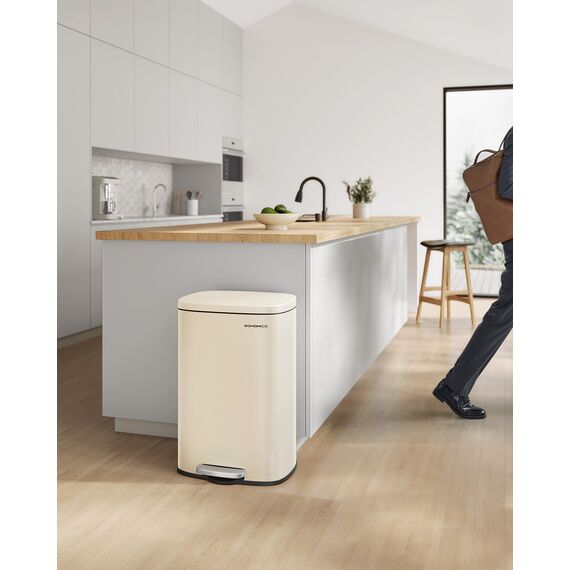 SONGMICS Mülleimer Küche, 50 Liter, Abfalleimer, Treteimer, mit Deckel, Softclose, Fußpedal, Stahl, Inneneimer, sandbeige LTB050A02